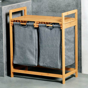 Cesto Biancheria Sporca Bambu 2 Scomparti in Tessuto Portabiancheria + Mensola