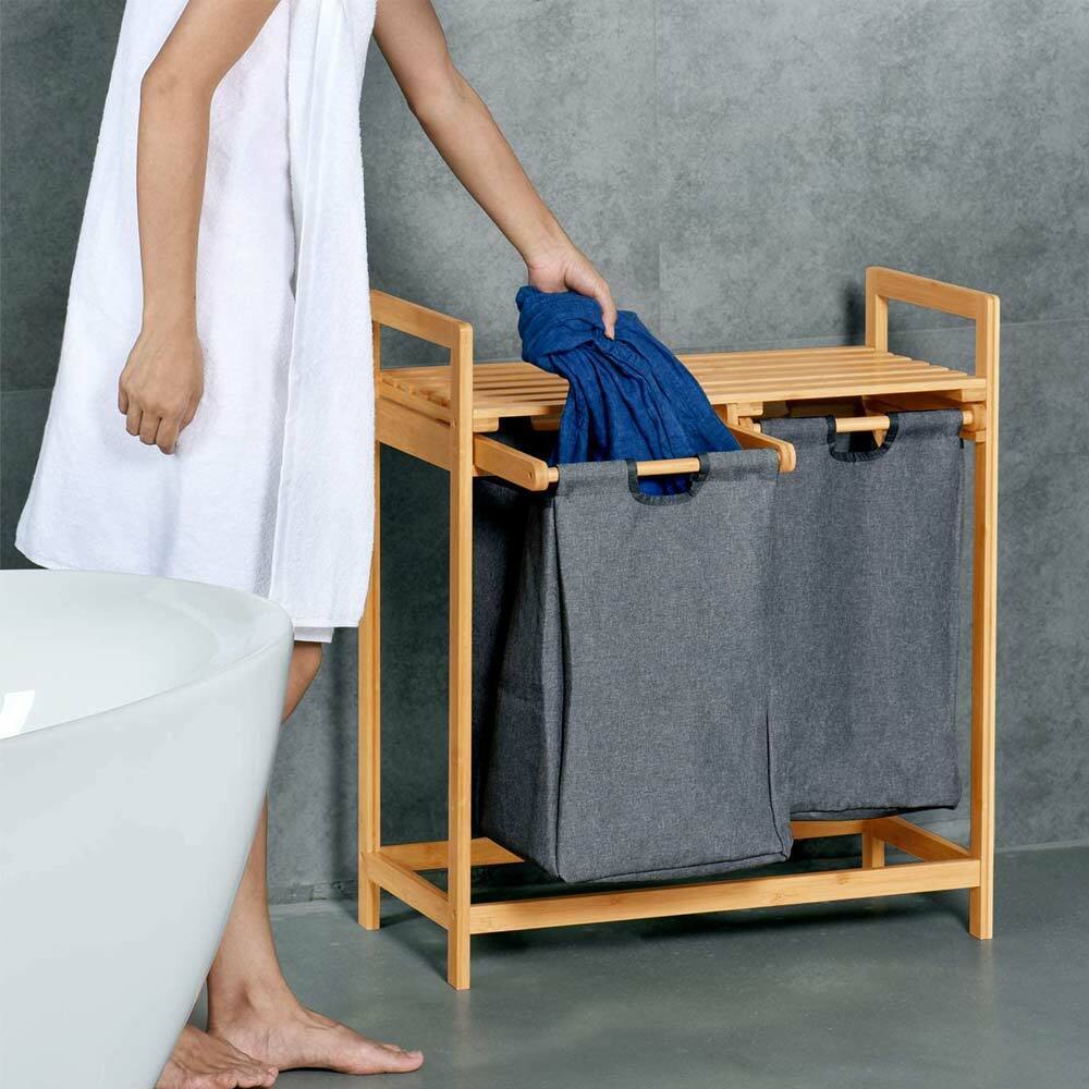 Cesto Biancheria Sporca Bambu 2 Scomparti in Tessuto Portabiancheria + Mensola