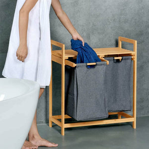 Cesto Biancheria Sporca Bambu 2 Scomparti in Tessuto Portabiancheria + Mensola
