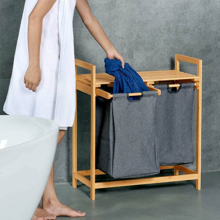 Cesto Biancheria Sporca Bambu 2 Scomparti in Tessuto Portabiancheria + Mensola