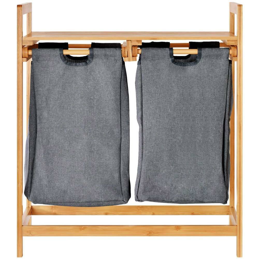 Cesto Biancheria Sporca Bambu 2 Scomparti in Tessuto Portabiancheria + Mensola