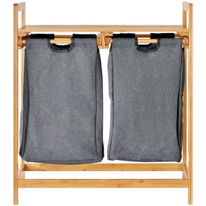 Cesto Biancheria Sporca Bambu 2 Scomparti in Tessuto Portabiancheria + Mensola