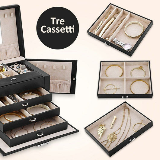 Portagioie Specchio Scatola Portagioielli 3 Cassetti Porta Gioielli Eco Pelle