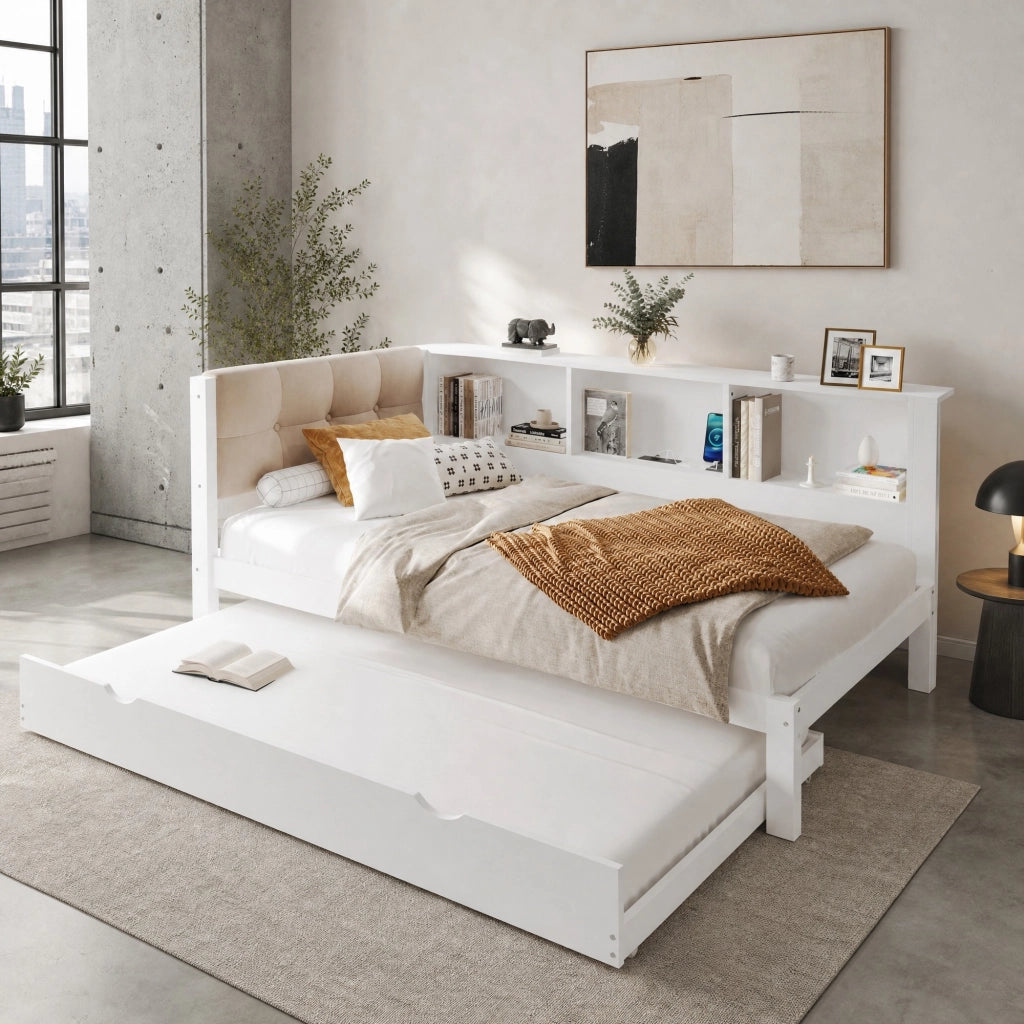 Letto daybed estraibile in pino bianco con LED, USB e ripiani laterali