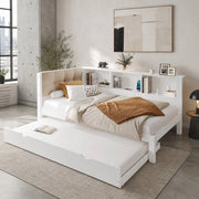 Letto daybed estraibile in pino bianco con LED, USB e ripiani laterali