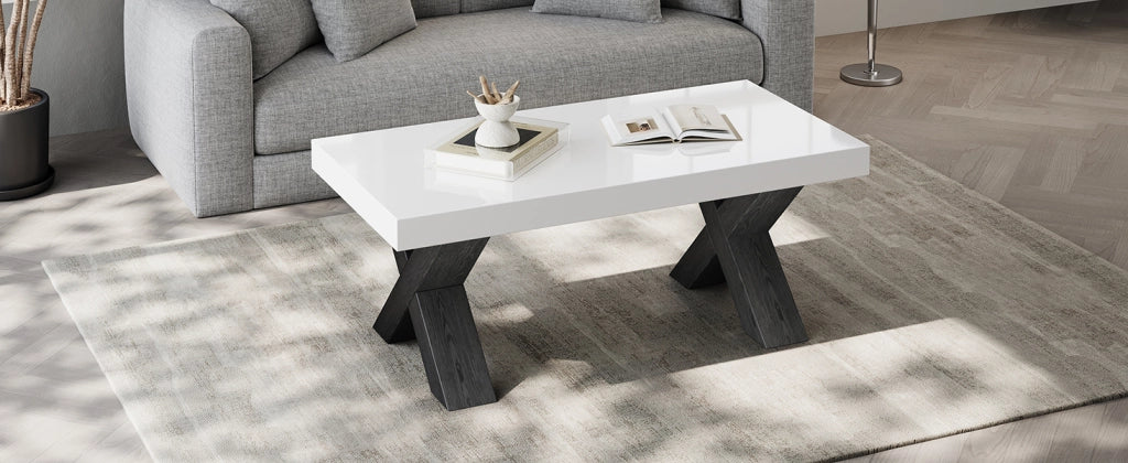Tavolino basso rettangolare con piano lucido e gambe a X, per soggiorno, in MDF, bianco e nero, 100 × 50 × 40 cm