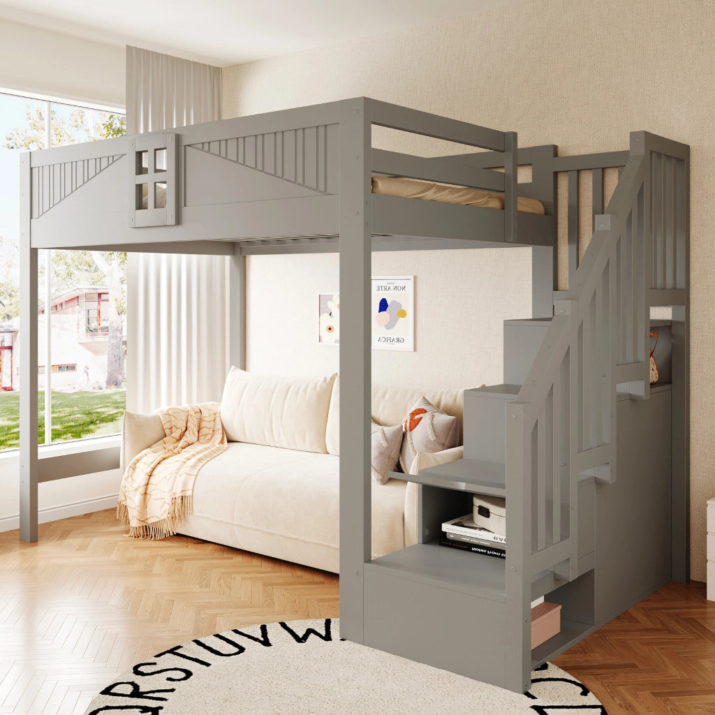 Letto a soppalco 140x200 cm con parapetto a finestra e scala contenitore reversibile; legno massello grigio