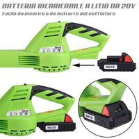 Soffiatore Elettrico con Batteria Litio 20V 2ah Ricaricabile per Foglie Giardino