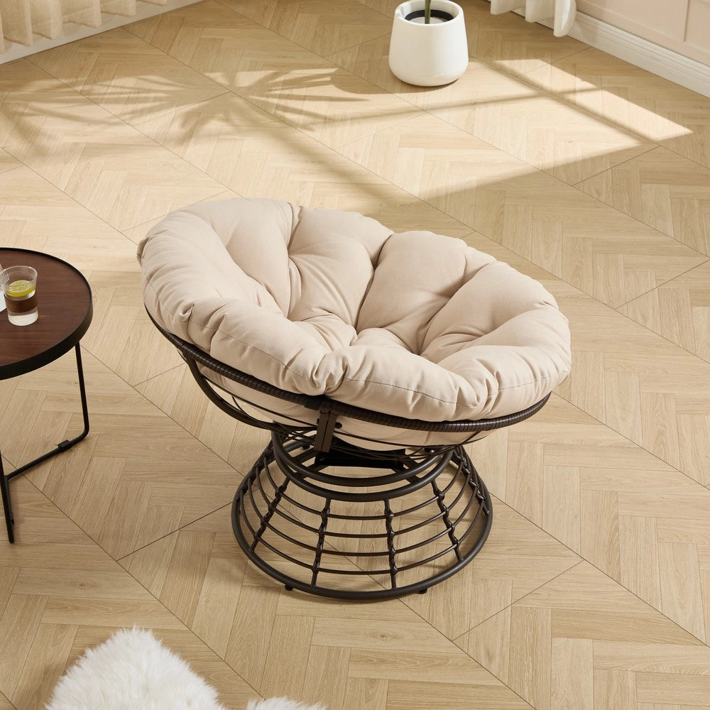 Poltrona Papasan Girevole in Rattan ¨C Xylo ¨C Marrone con Cuscino Beige