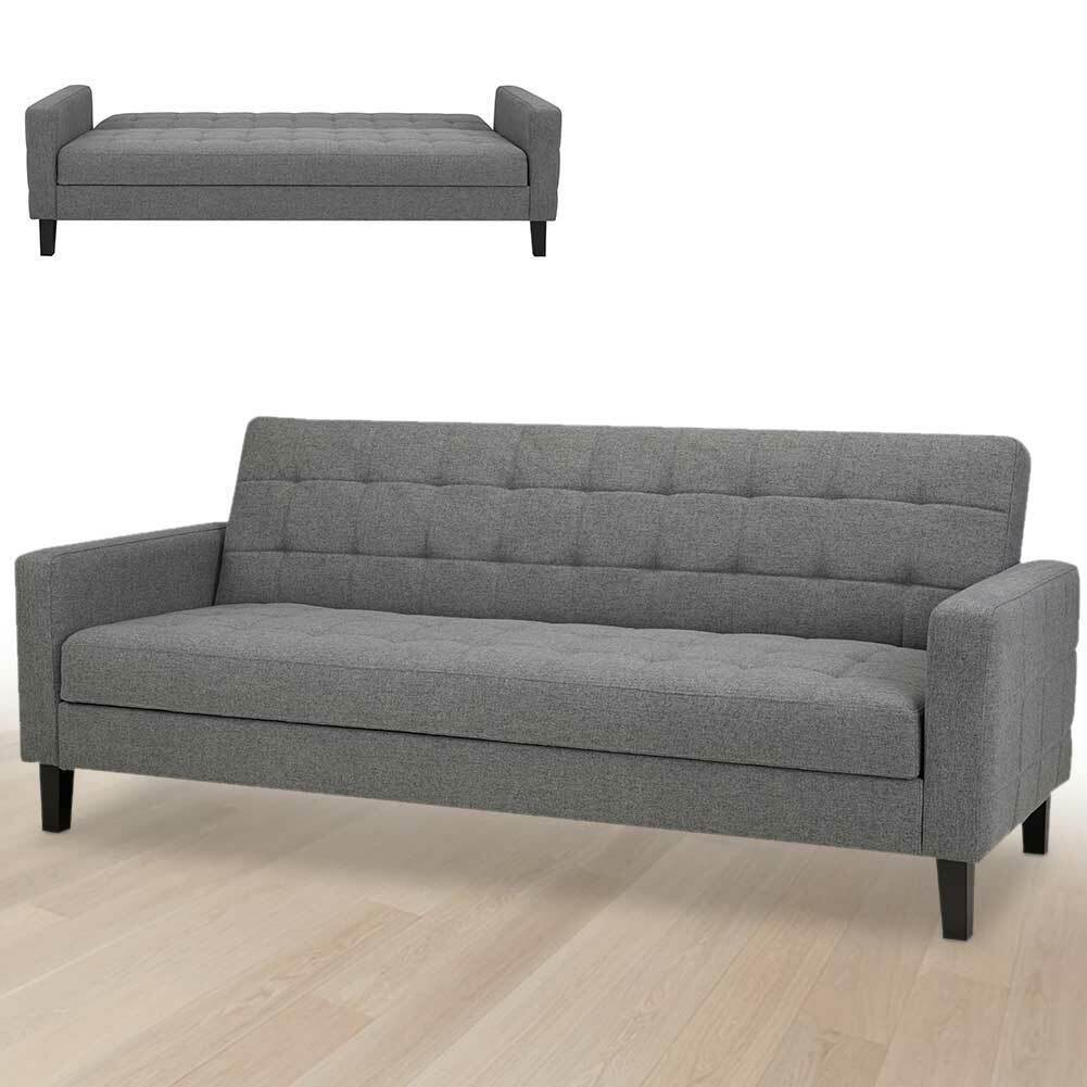 Divano Letto Clic Clac 3 Posti Tessuto Imbottito con Braccioli Grigio 204x85x81