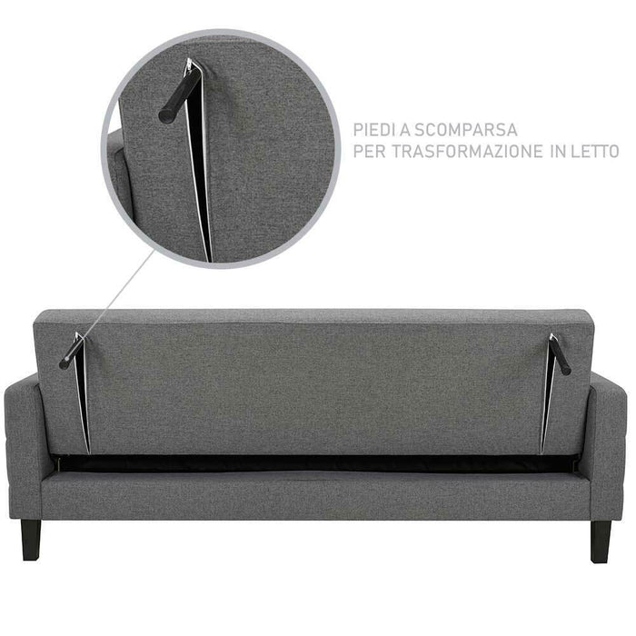 Divano Letto Clic Clac 3 Posti Tessuto Imbottito con Braccioli Grigio 204x85x81