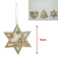 3 Appendini Natale In Legno e Ovatta Forma Stella Albero Cuore Con Scenario 16cm