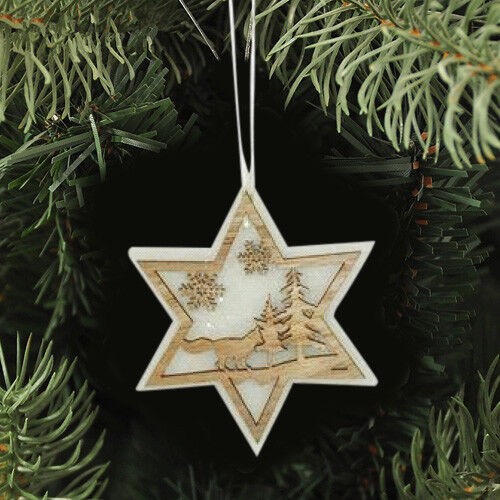 3 Appendini Natale In Legno e Ovatta Forma Stella Albero Cuore Con Scenario 16cm