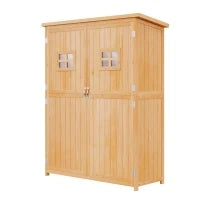 Casetta da Giardino Legno con Porta Doppia, Mensole e Finestre, 127.5x50x164cm