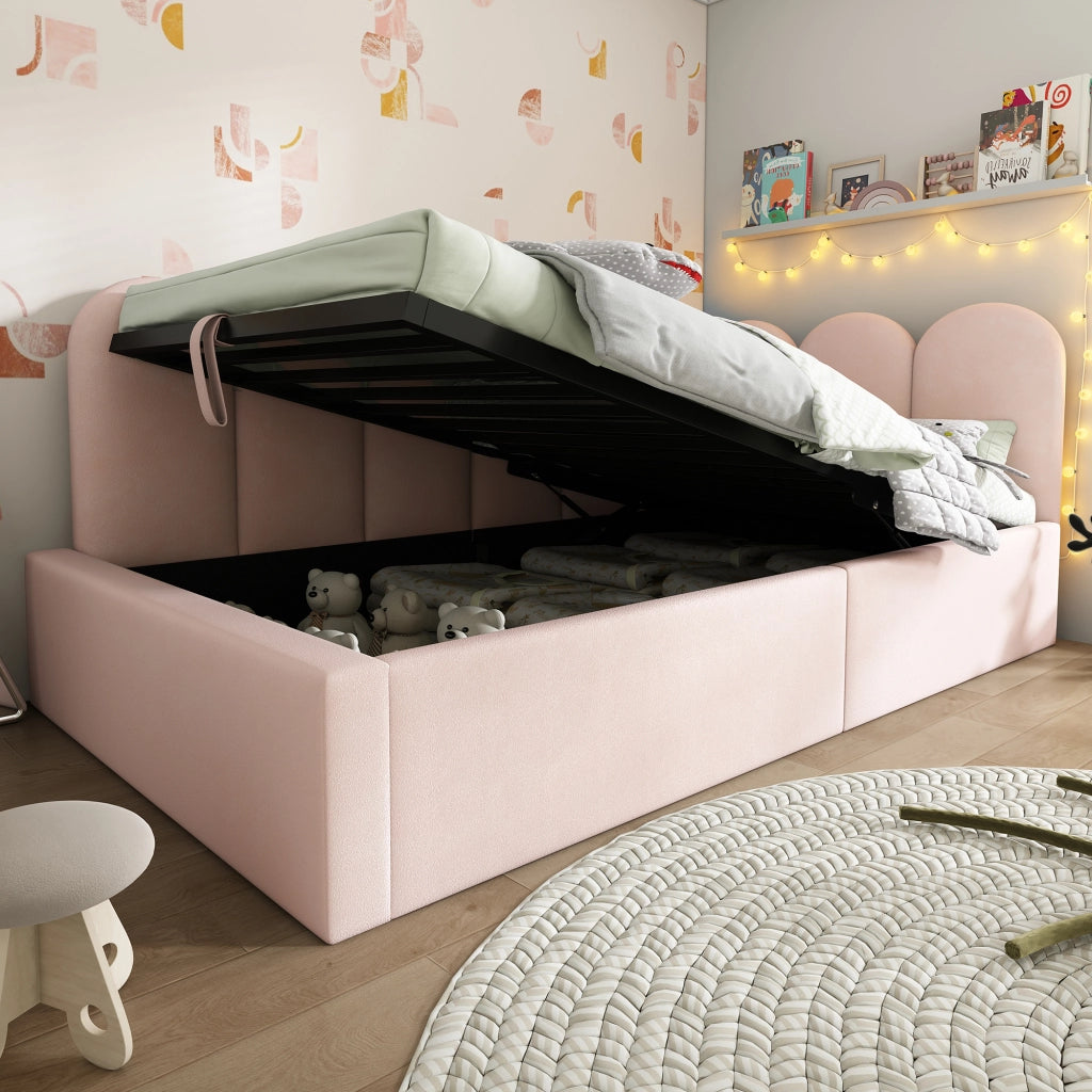 OKWISH Letto a Divanetto 90×190 cm, Letto Singolo con Contenitore Idraulico, Testiera e Sponda, senza Materasso, in Velluto, Rosa