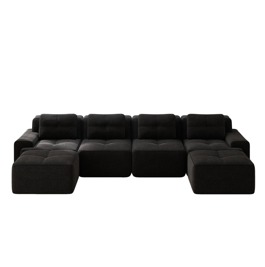 Divano modulare 4 posti con chaise longue a U 382x177x69 cm in velluto a coste nero