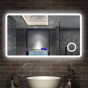 specchio rettangolare 120x70 cm con luce dimmerabile a 3 colori, bluetooth, antiappannamento e ingranditore 3x