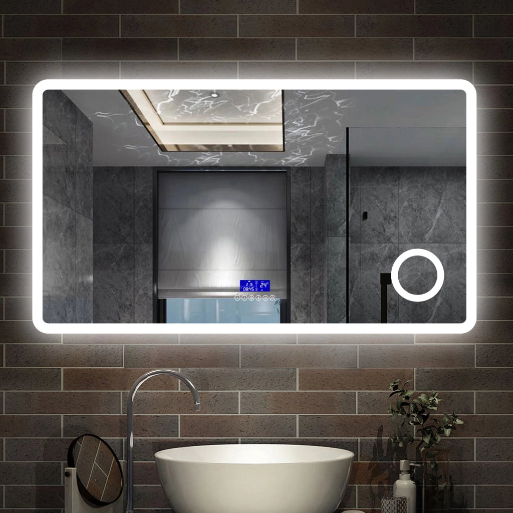 specchio rettangolare 120x70 cm con luce dimmerabile a 3 colori, bluetooth, antiappannamento e ingranditore 3x