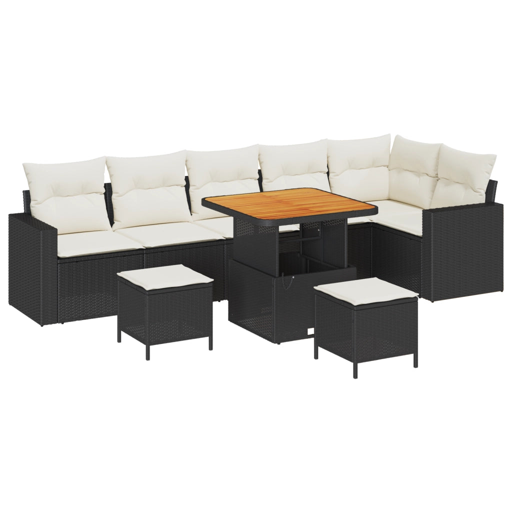 Set 9 Pezzi Divano Giardino con Cuscini Nero Polirattan Acacia