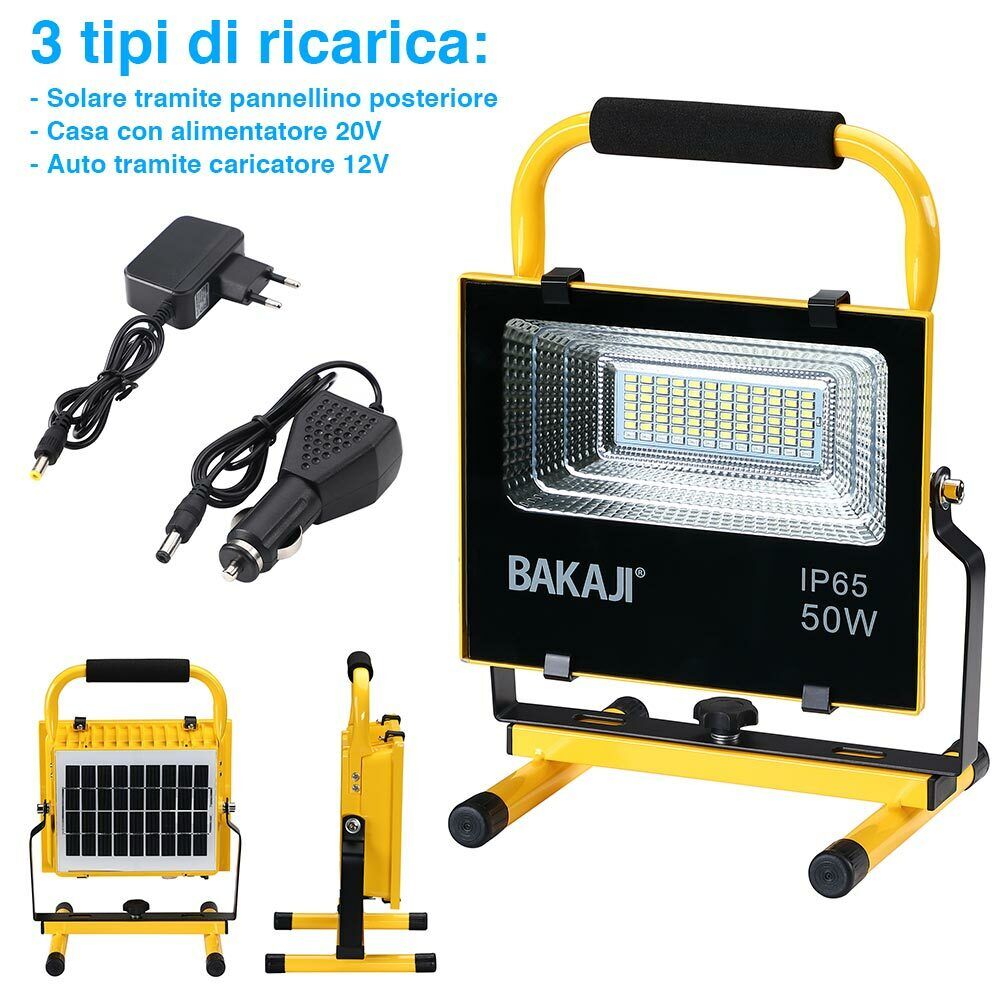 Lampada Faro Lavoro Portatile con Pannello Solare 50W 504lm Luce Emergenza SOS
