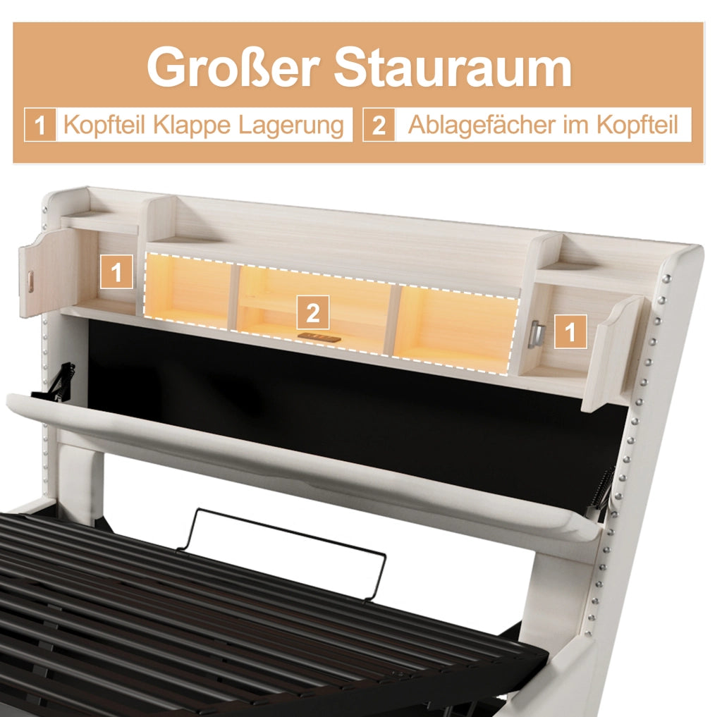 LETTO Imbottito 160x200 cm Lino Beige con LED e vano contenitore idraulico