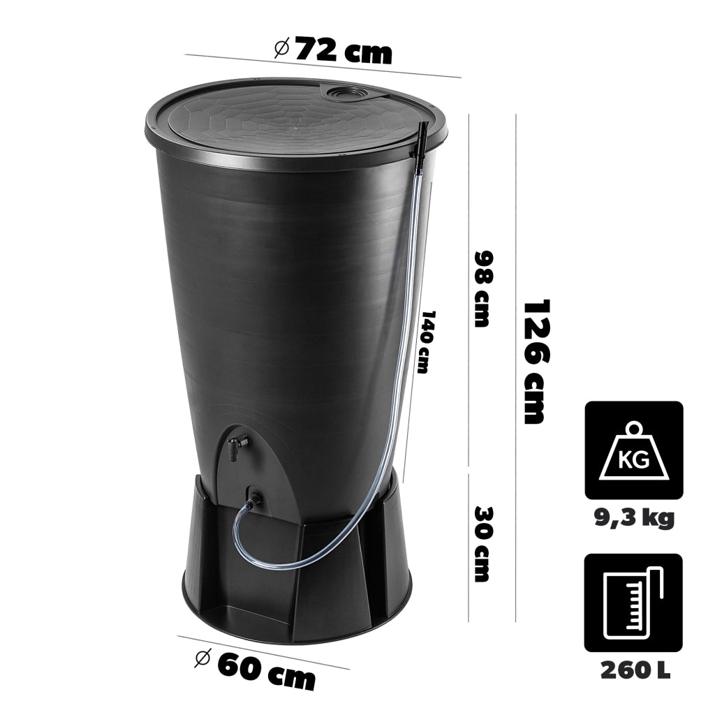 Serbatoio per acqua piovana KADAX 260L, kit di collegamento per barile d'acqua, base per rubinetto
