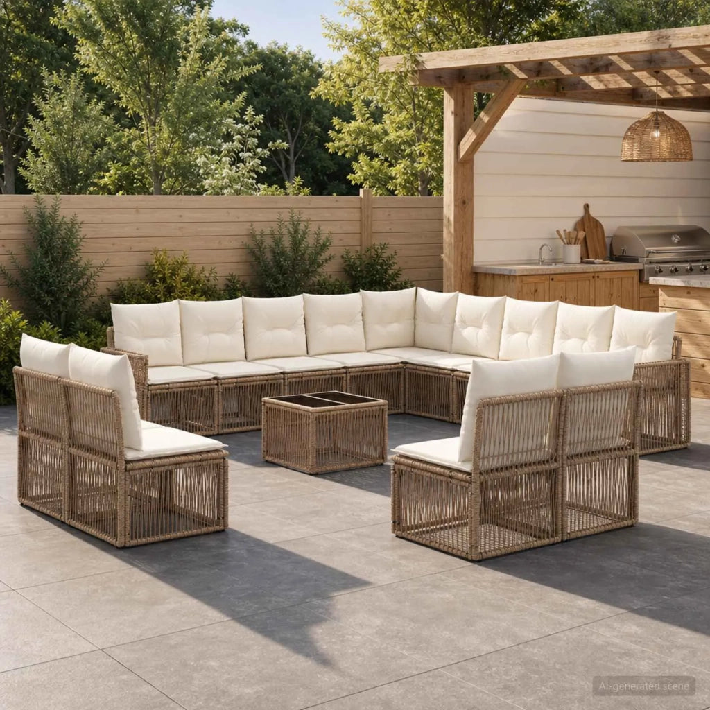 Set Divano da Giardino 14 pz Beige e Bianco Crema polyrattan 3435291