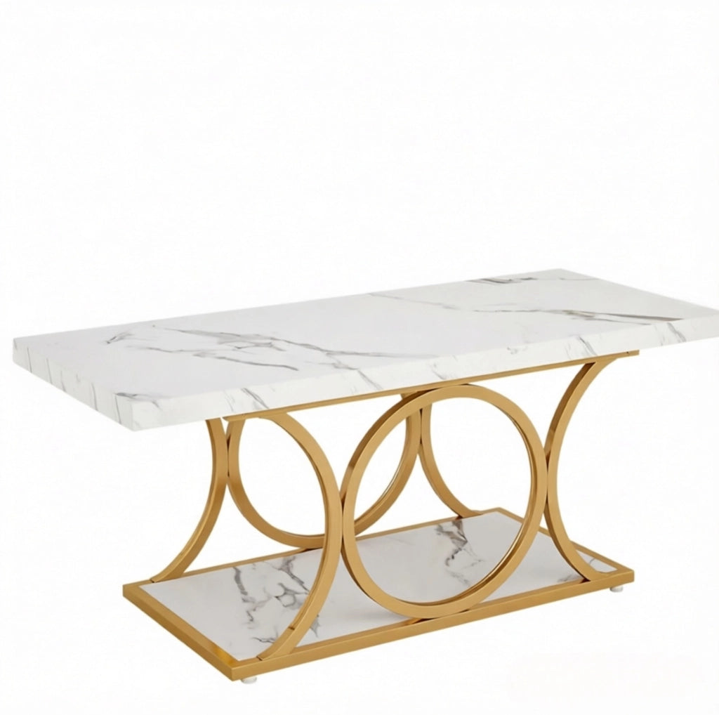 TAVOLINO da caffè 120x59,5x48 cm Marmo artificiale Bianco e Metallo Oro
