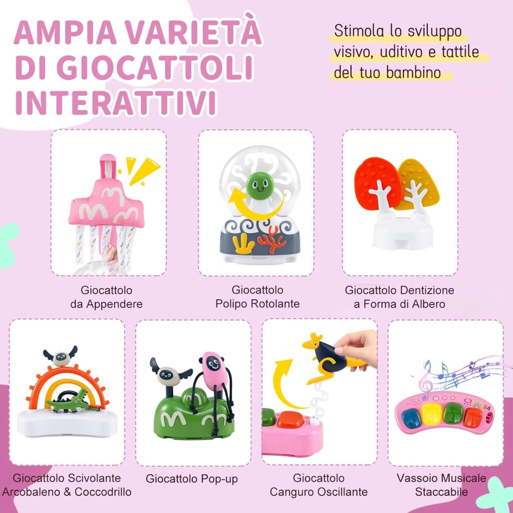 Jumperoo per Bambini, Saltarello Neonato con Altezza Regolabile, 6 Giocattoli Interattivi, Centro attività con Sedile Girevole a 360°, Gioco Saltellante con Suoni per Bambini 6+ Mesi (Rosa)