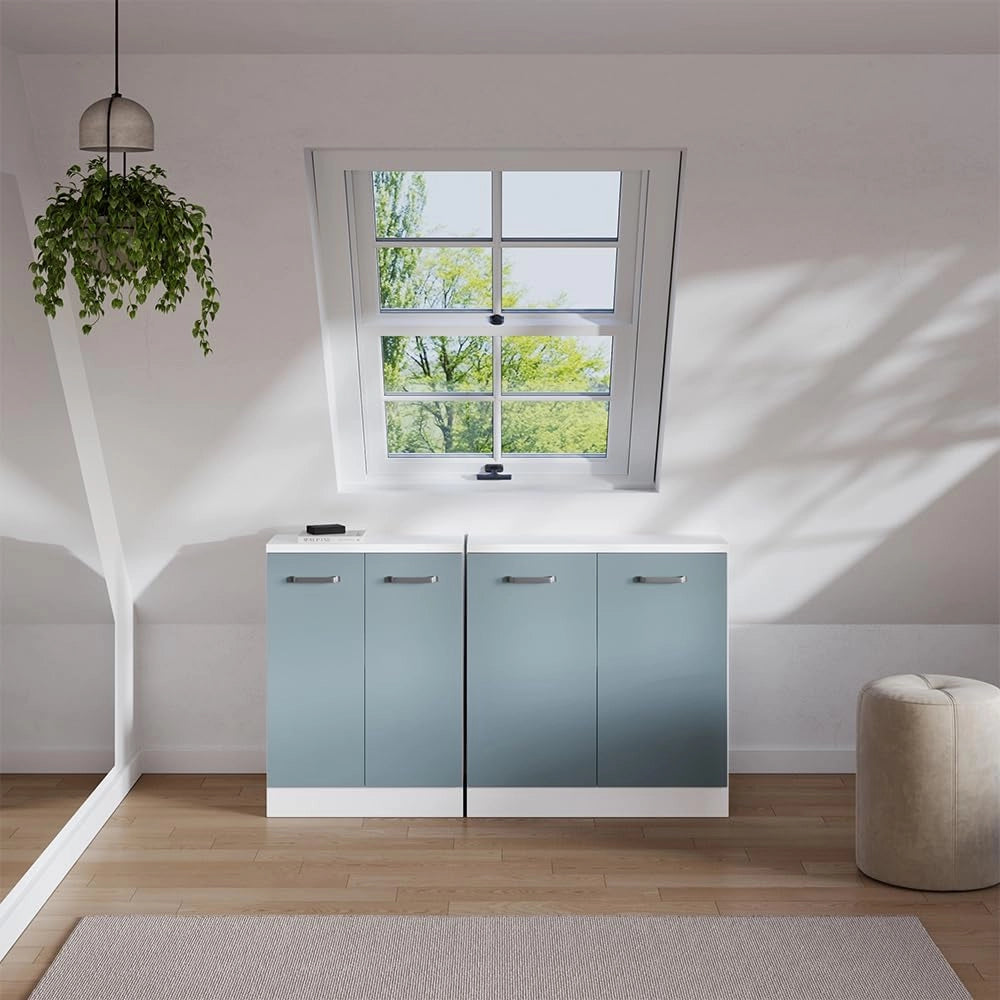 Set di mobili sottotetto Rion, Grigio-blu, 140 cm Set di 2 carcasse armadio profondità 60 cm, adatto per il salvaspazio sotto tetti spioventi