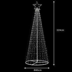 Albero Natale Luminoso 224cm 592 LED Bianco Caldo 8 Giochi Luce Metallo Esterno