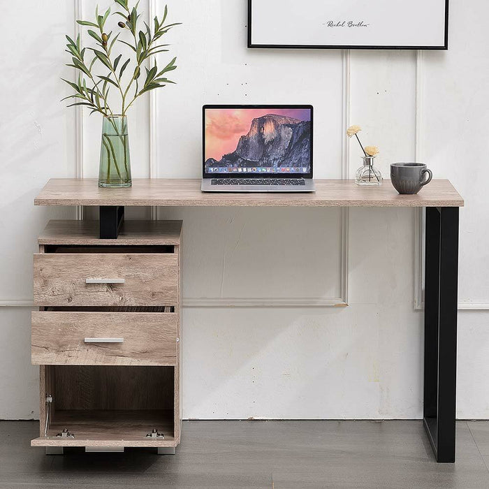 Scrivania con Cassettiera Tavolo Porta Pc Computer Acciaio Legno Ufficio Quercia