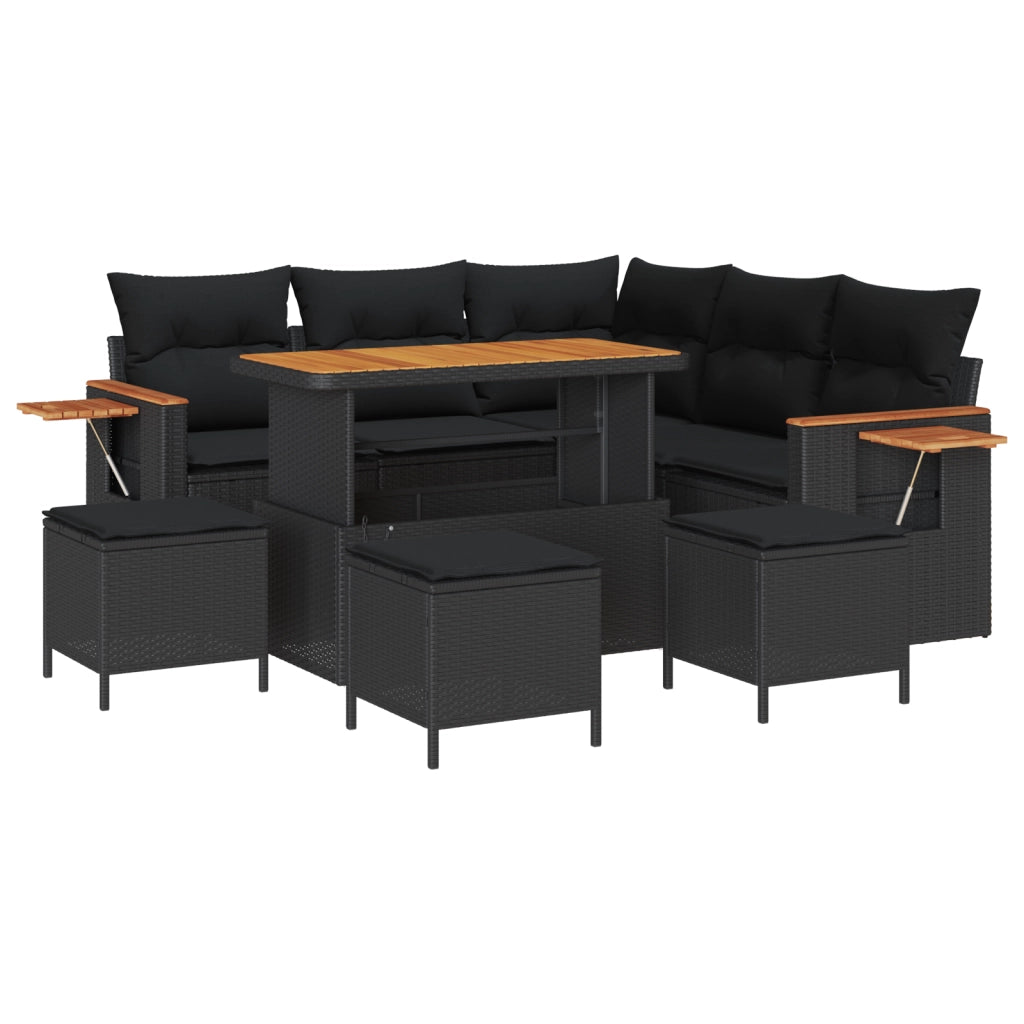 Set Divano Giardino  9 Pezzi con Cuscini Nero Polyrattan Acacia