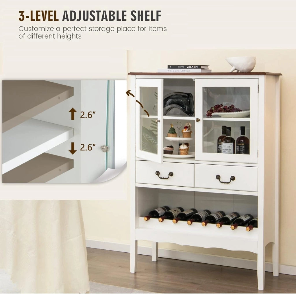 Credenza Soggiorno per Vino 8 Bottiglie, Credenza Cucina con 2 Ante in Vetro e 2 Cassetti, Mobile Ingresso, 90 x 40 x 126,5 cm, Bianco