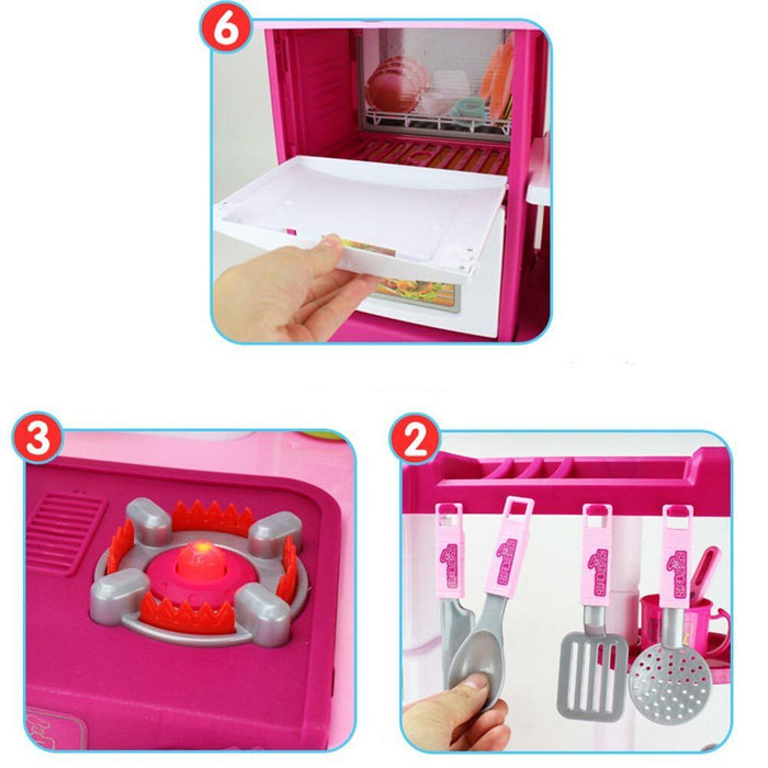Cucina Giocattolo Bambini Fornello Luci Suoni 30 Accessori Gioco 52x26x72cm Rosa