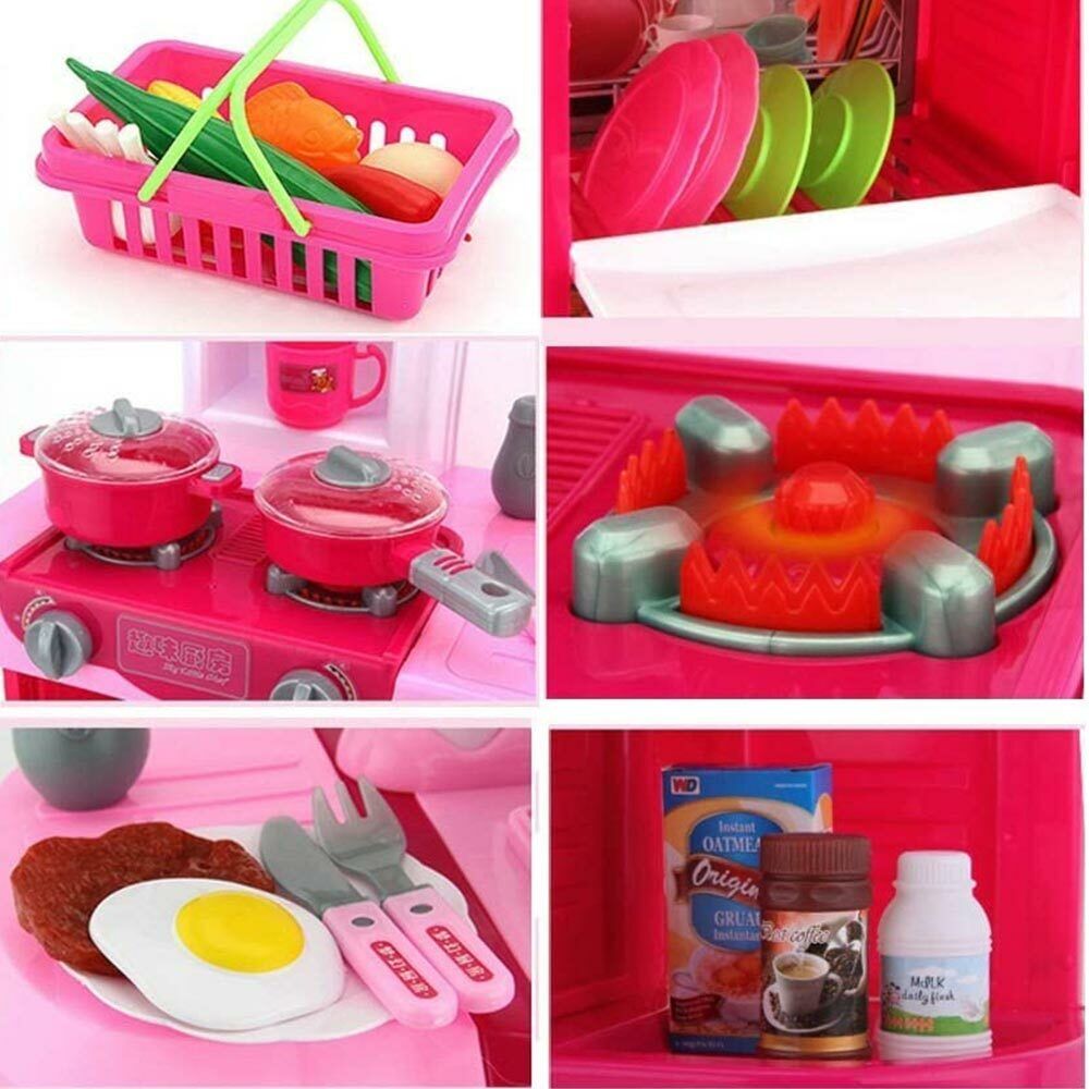 Cucina Giocattolo Bambini Fornello Luci Suoni 30 Accessori Gioco 52x26x72cm Rosa