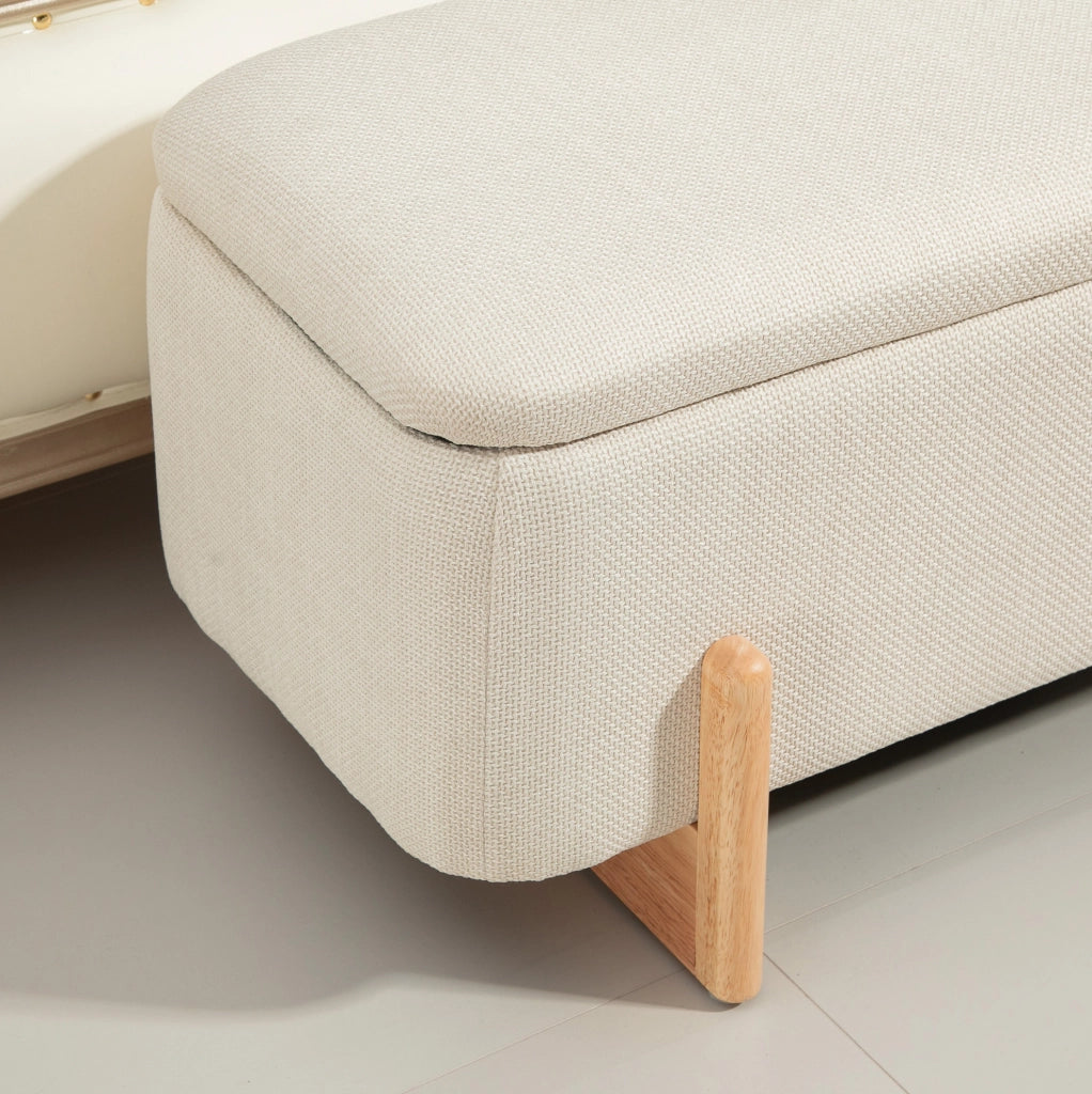 Panca contenitore beige imbottita con gambe in legno