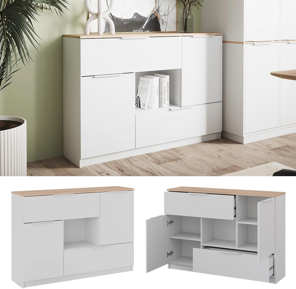 Cassettiera per camera da letto Betti, Bianco/Sonoma, 120 x 83.6 cm 2x porta, 2x cassetto e 1x scomparto aperto, per la conservazione e l'organizzazione di oggetti di uso quotidiano