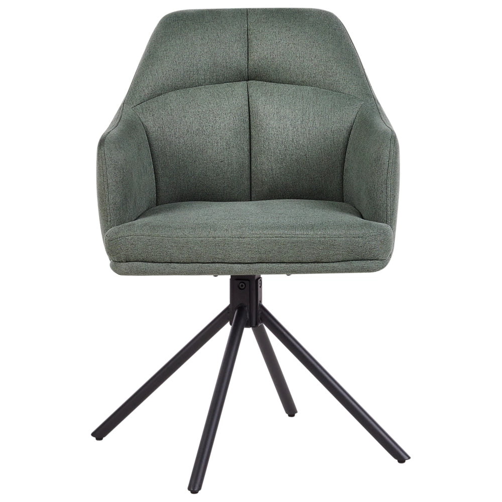 Set di 2 sedie girevoli da pranzo Tessuto verde con braccioli Schienale trapuntato Gambe in metallo nero Retro Transitional