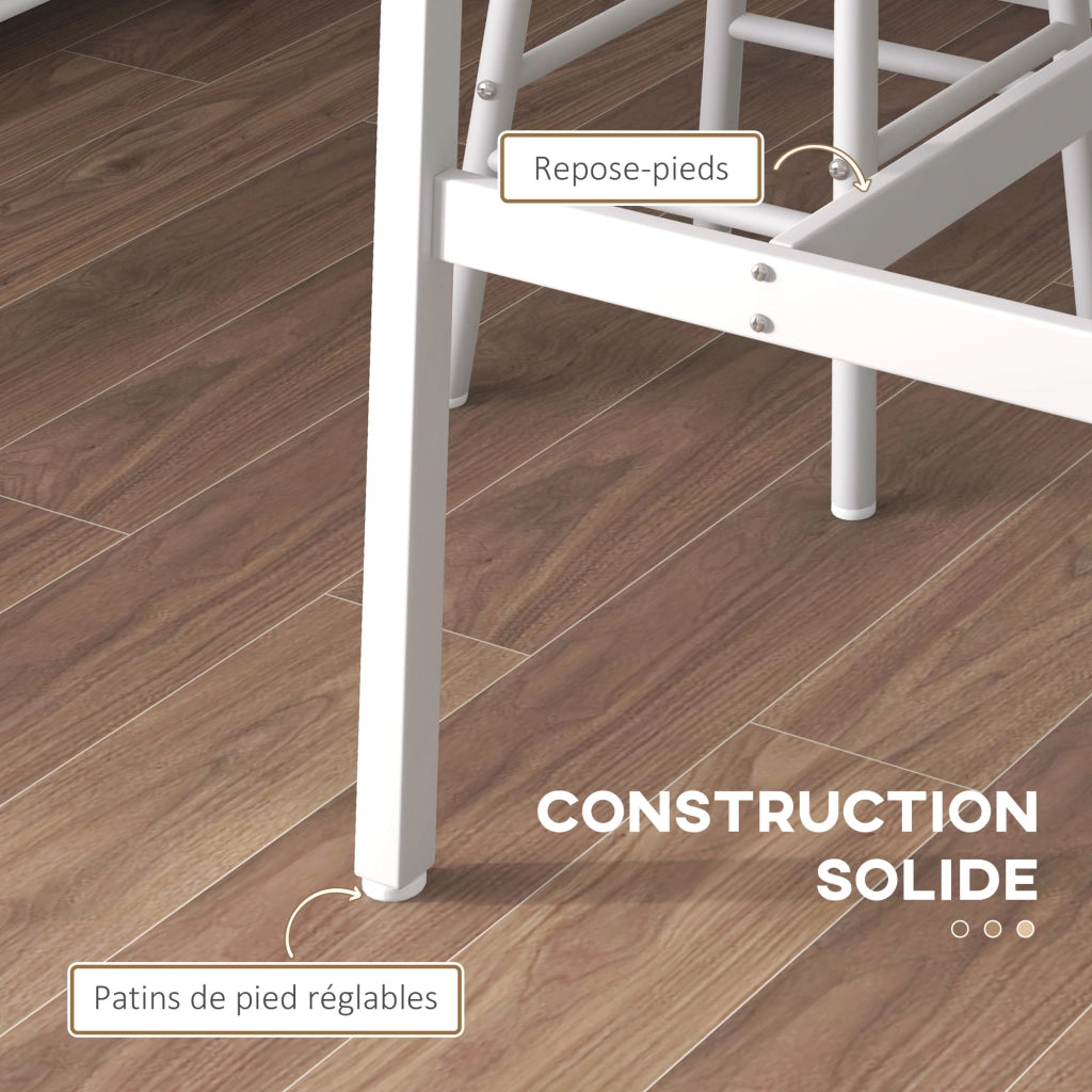 Set tavolo bar alto + 2 sgabelli con piano effetto legno naturale e telaio in metallo bianco per 2 persone