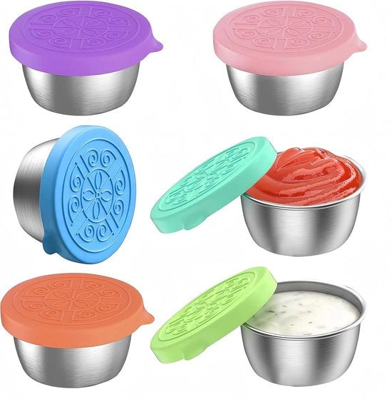 Contenitori per Condimenti con Coperchio in Silicio - 50 ml Acciaio Inossidabile, Imprigionanti Liquidi e Ideali per Camping e Picnic