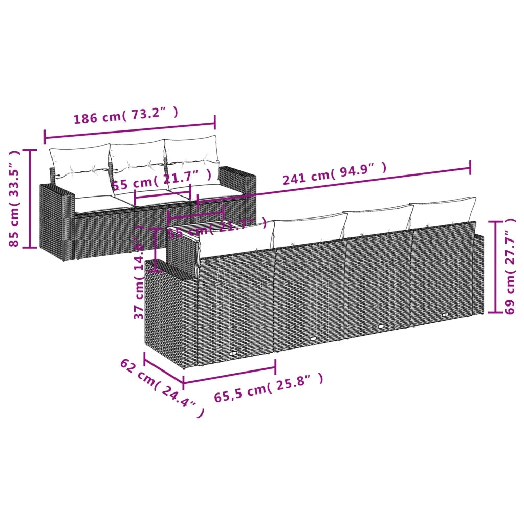 Set Divano da Giardino 8 pz con Cuscini Grigio in Polyrattan 3224030