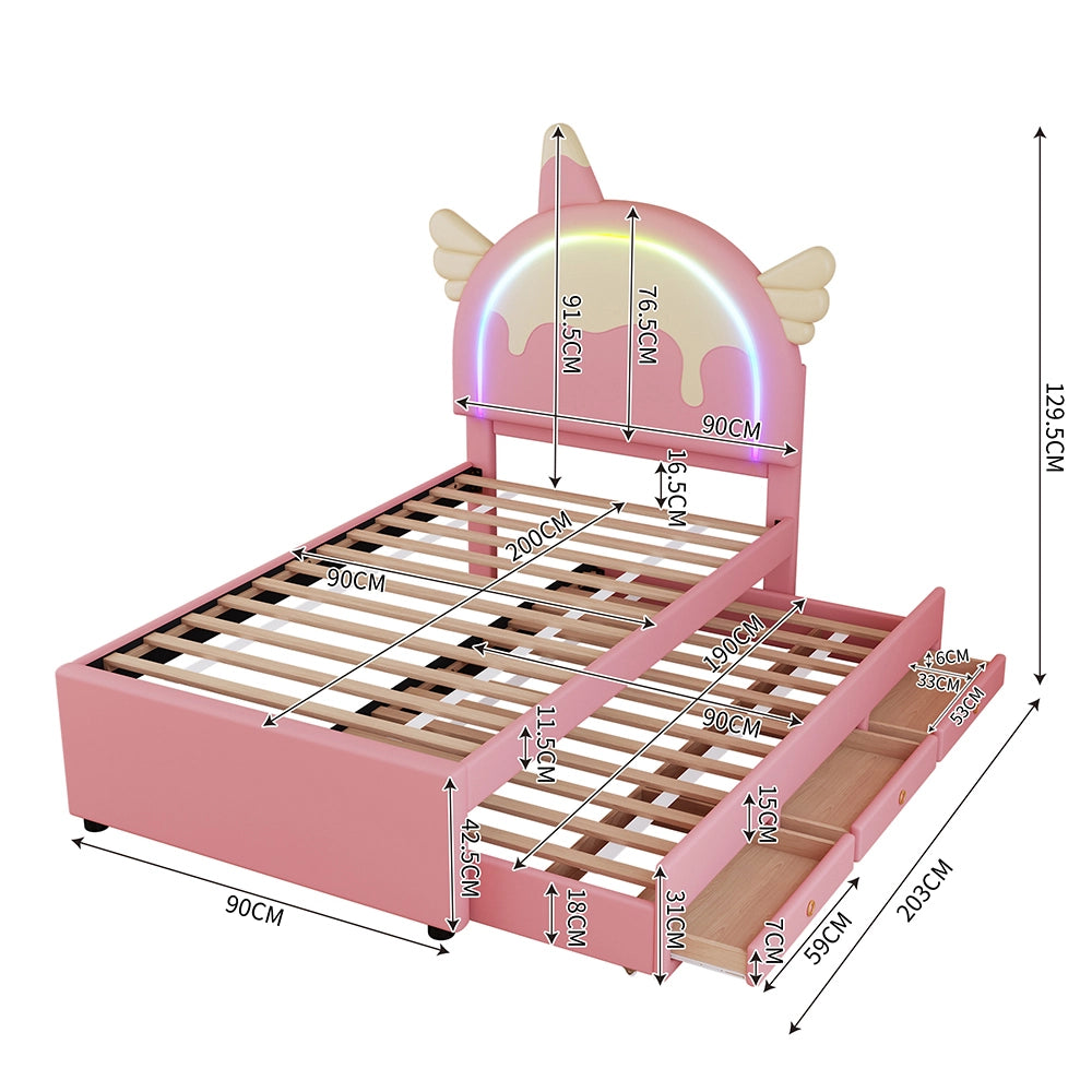Lit con cassetti a forma di unicorno per bambini 90x200 cm - Xylo - Rosa