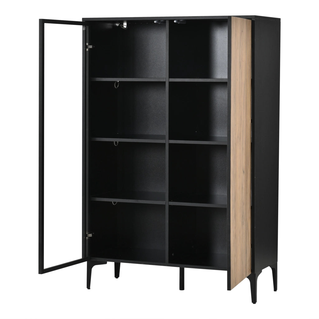 Credenza alta con 2 ante, vetro temperato, MDF, 90×40×135 cm, nero e effetto legno, con LED RGB controllati da app, 8 vani e 2 colli
