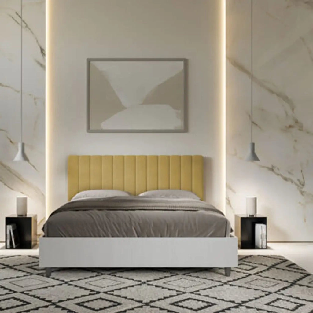 Letto matrimoniale senza rete 160x200 bianco frassino testata microfibra ocra Kaia