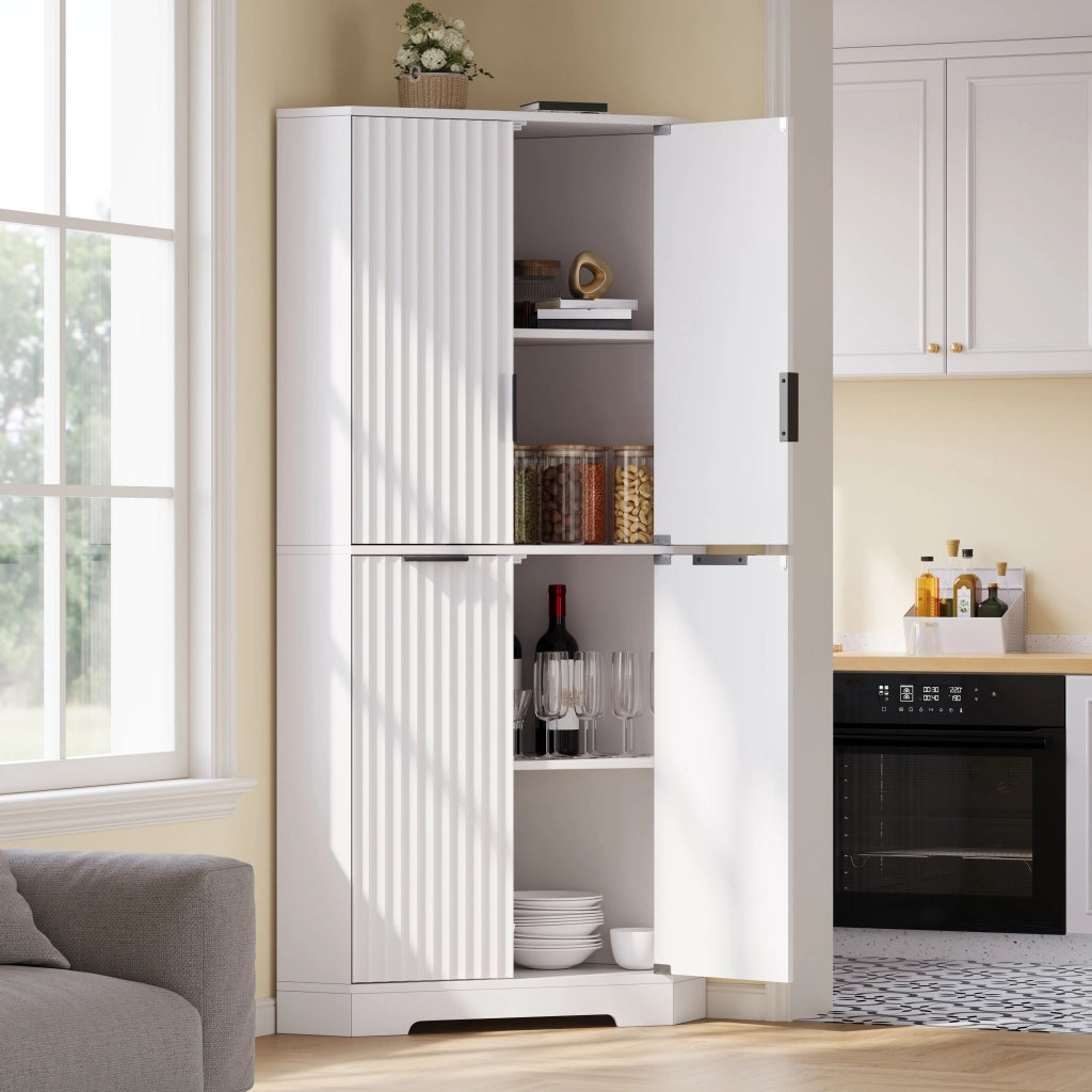 Armadio angolare con ripiani regolabili e ante scanalate; 60 x 60 x 172 cm; MDF bianco