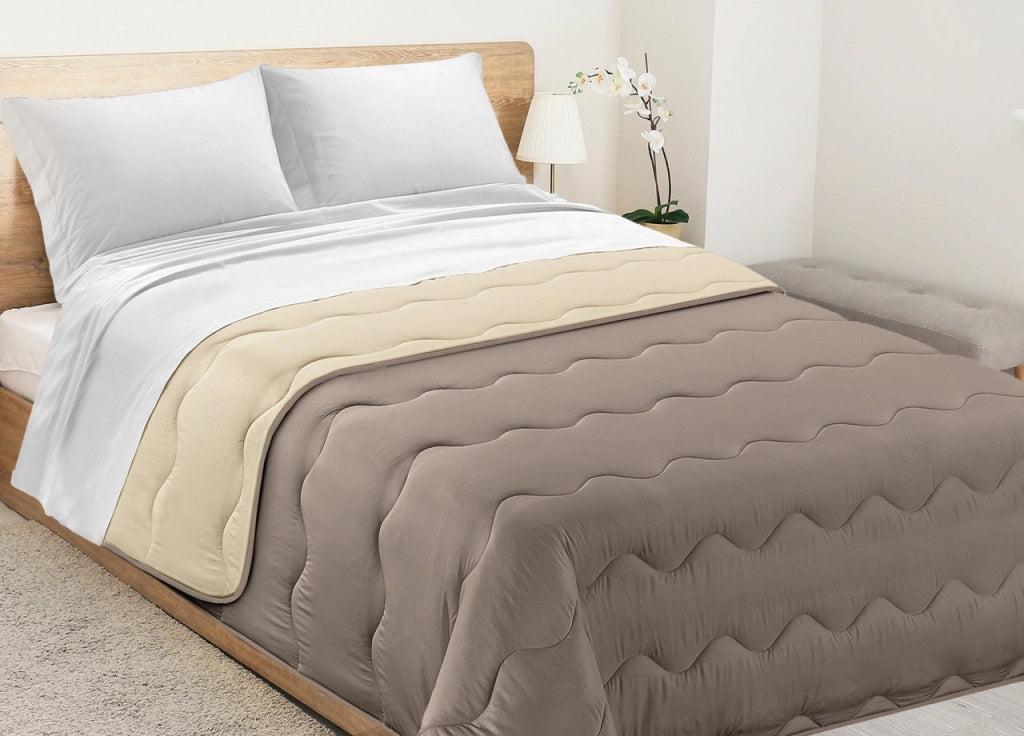 Trapunta Piumone Letto Invernale Imbottita 300gr Microfibra Double Face Bicolor - 2 Piazze - Tortora-Avorio