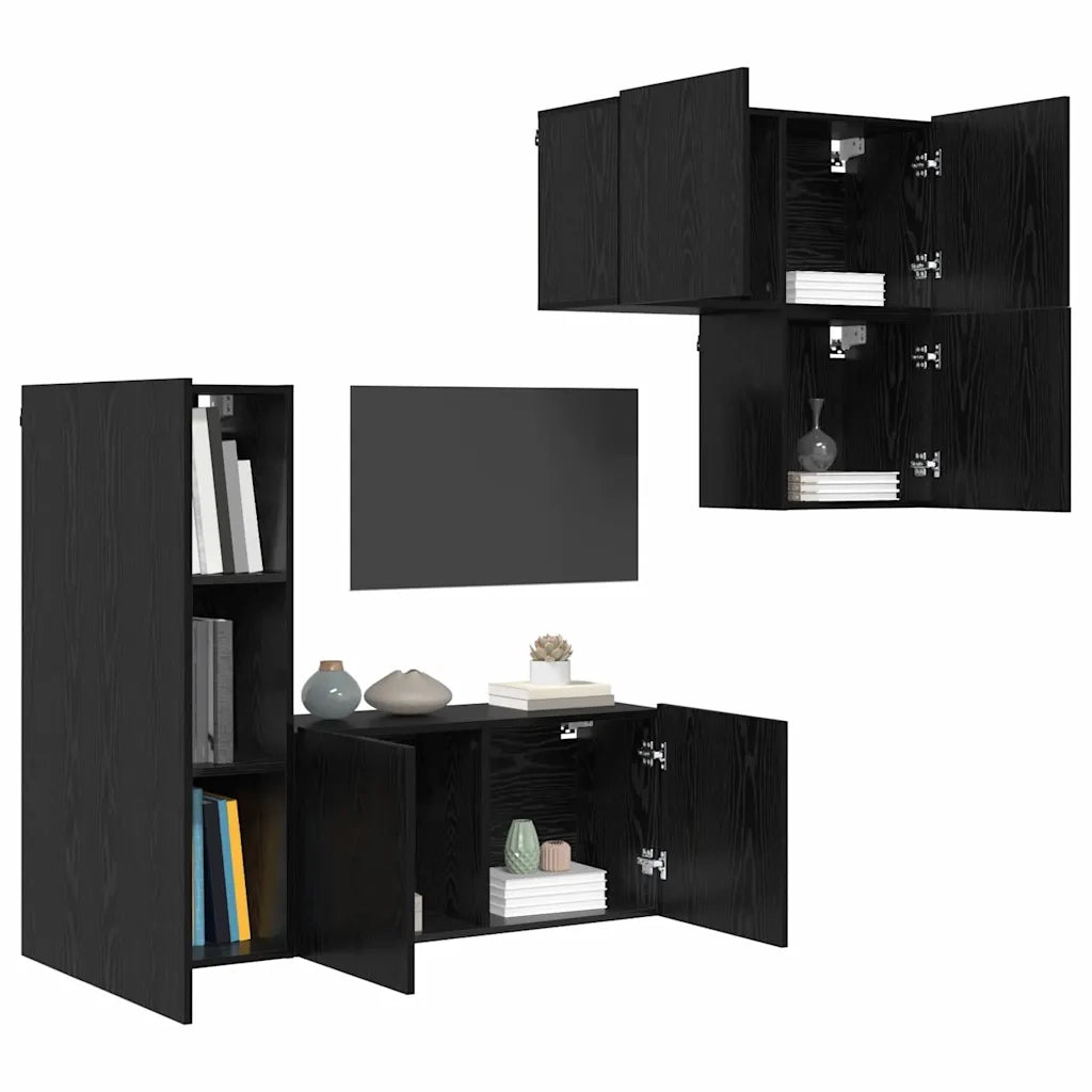 Mobile TV 4 pz-Mobile per TV-Credenza TV Rovere Nero Legno multistrato
