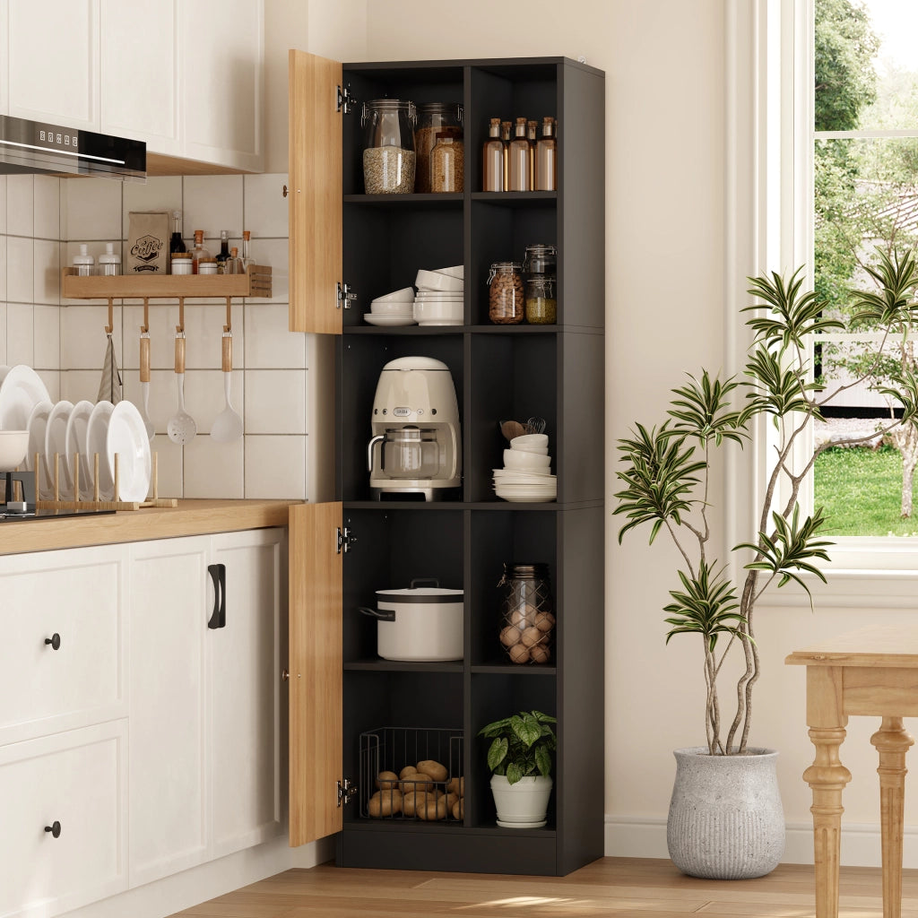 Armadio angolare alto da cucina con 6 ripiani aperti, 2 ante e ripiani regolabili 50x35,5x170 cm nero/naturale