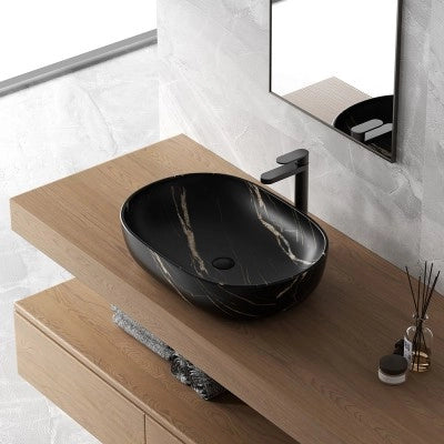 Lavandino da appoggio ovale 60x41 cm effetto marmo nero Tokyo